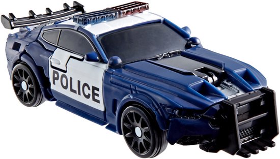 Een blauwe en witte Ford Mustang politieauto van Transformers, met 'POLICE' op de zijkant.