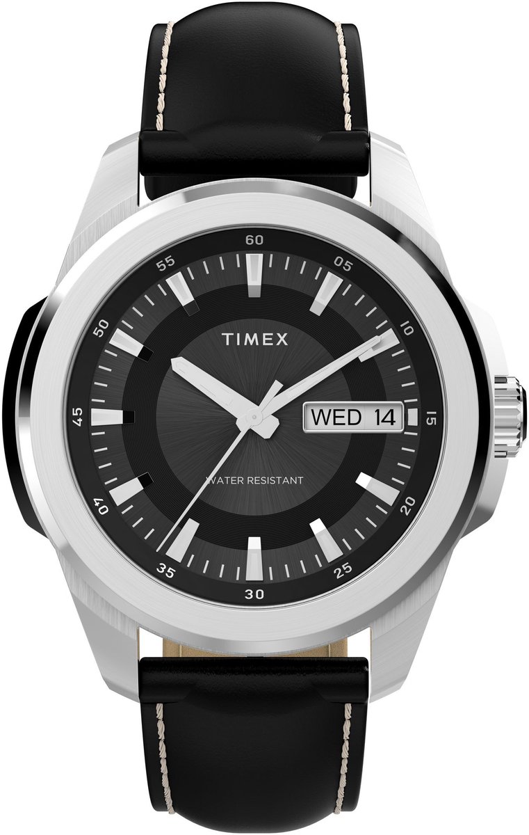 Timex Essex Quartz Analoog Horloge Zwart Kast: 100% Roestvrij Staal | Armband 100% Leer 45 mm TW2Y20600AJ