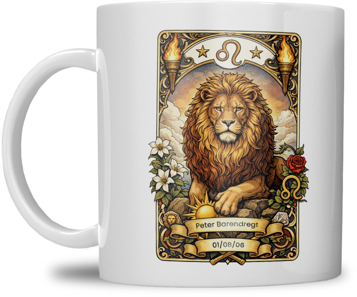 Sterrenbeeld mok - Leeuw - Wit - Tarot mok - Gepersonaliseerd met naam en datum