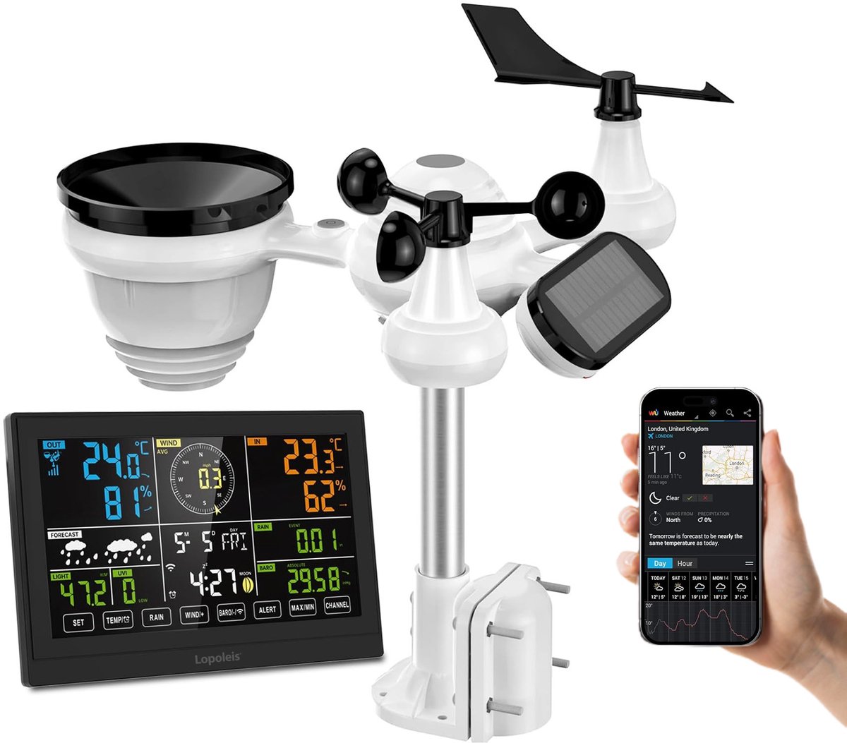 Lopoleis® Weerstation Draadloos met Wifi – 7.5 Inch Kleurendisplay – Weergave Tijd & Datum Temperatuur Luchtvochtigheid Luchtdruk Comfort & Hitte-index – 7-in-1 Multifunctioneel