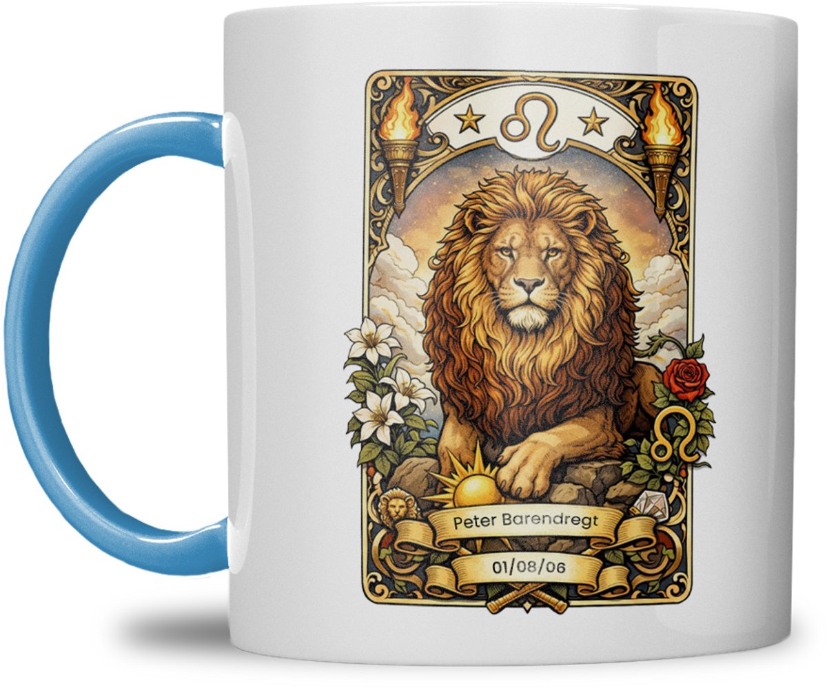 Sterrenbeeld mok - Leeuw - Licht Blauw - Tarot mok - Gepersonaliseerd met naam en datum