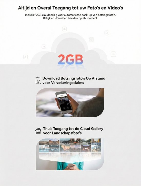 2GB cloudopslag voor automatische back-up van botsingsfoto's. Hand houdt smartphone vast, weergave van fotogalerij.