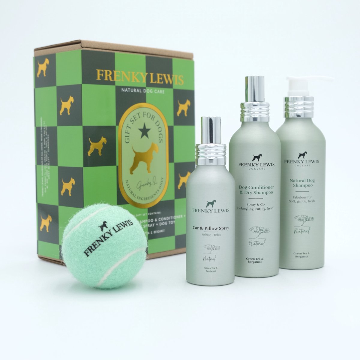 Luxury Gift Set 200ml Dog Shampoo + 150ml Dog Conditioner & Dry Shampoo - Car & Pillow Spray +Dog Toy - Green Tea & Bergamot