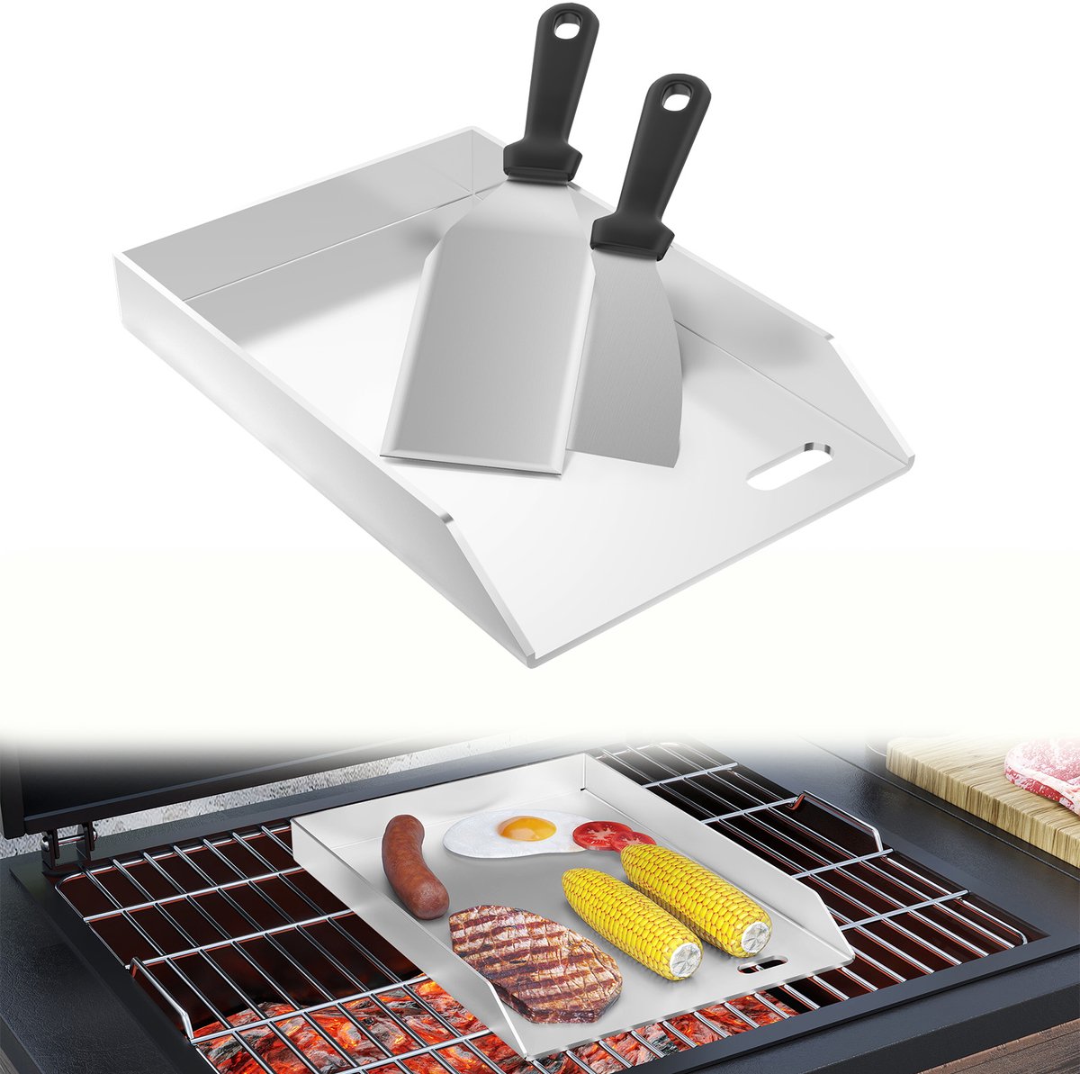 Aufun Roestvrijstalen Grillplaat - 20*30*4 cm - 2 spatels - Universele Bbq Plancha Met Vetopvangbak - Plaat Van Plaatstaal Voor Gas En Houtskoolgrill