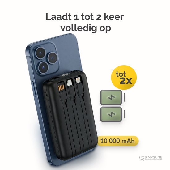 Zwarte powerbank met 3 kabels laadt een blauwe telefoon twee keer op.