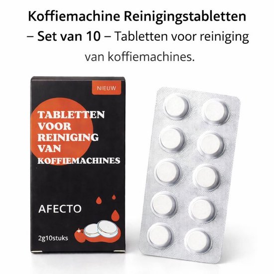 Afecto reinigingstabletten voor koffiemachines, set van 10. Verpakking naast doosje met oranje en zwarte opdruk.