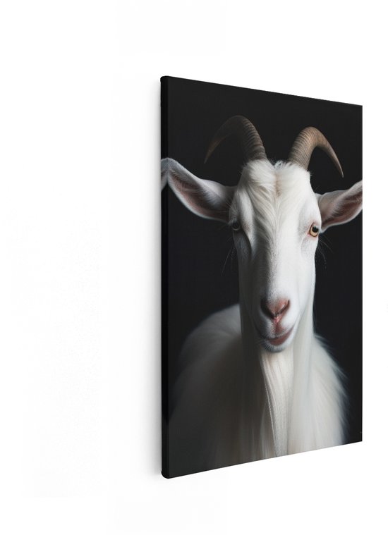 Artaza Canvas Schilderij Witte Geit - 60x90 cm - Wanddecoratie Dieren - Muurdecoratie Portret - Decoratie Zwart - Schilderijen Op Canvas