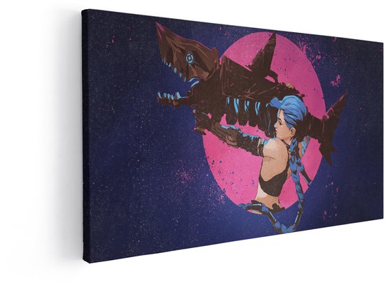 Canvas met Jinx uit Arcane en haar visgeweer voor een roze cirkel. Donkerblauwe achtergrond met spetters.
