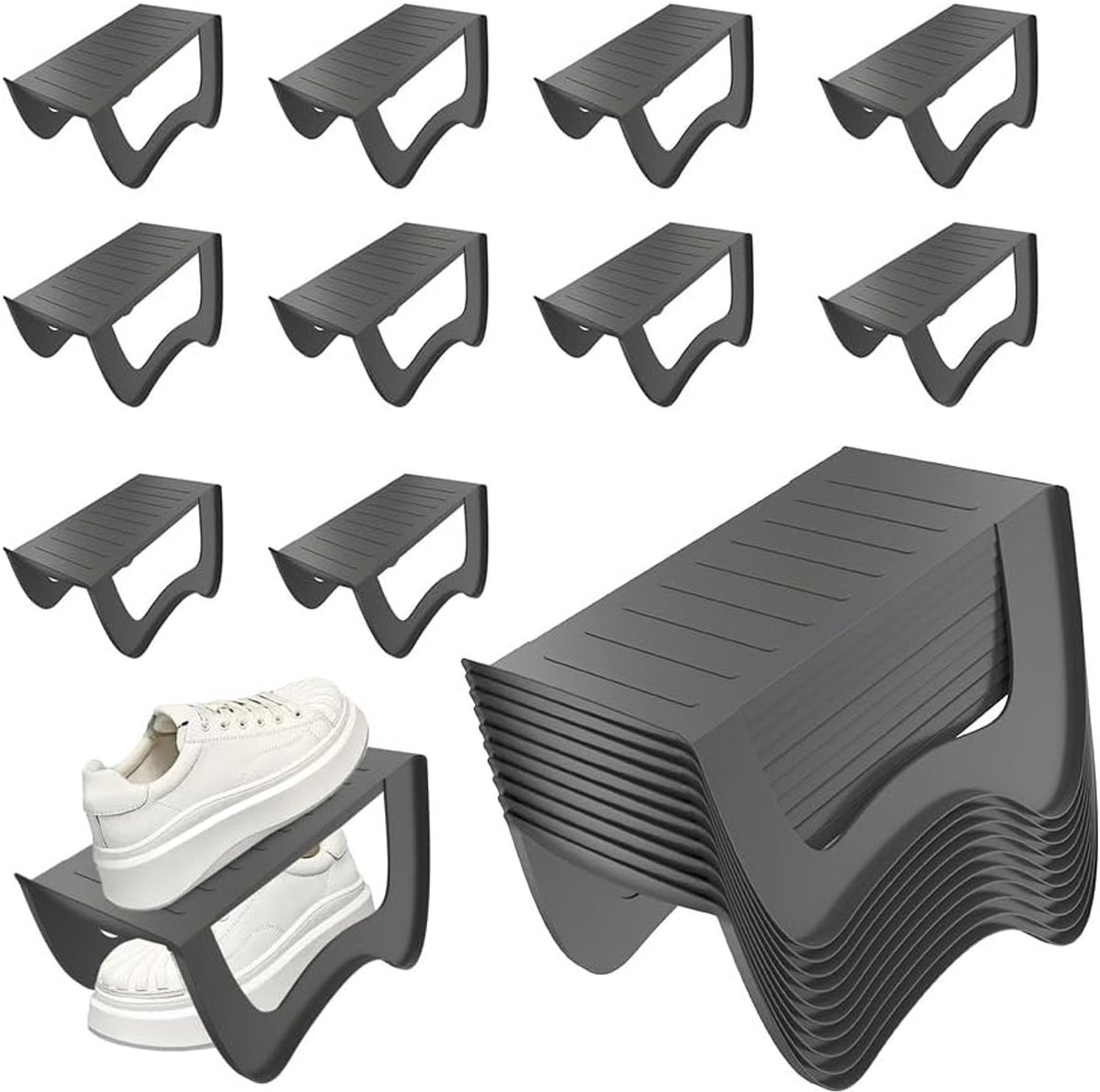 Aufun 10-delige antislip schoenopbergset - Dubbellaags - 25x14,5x14 cm - Grijs