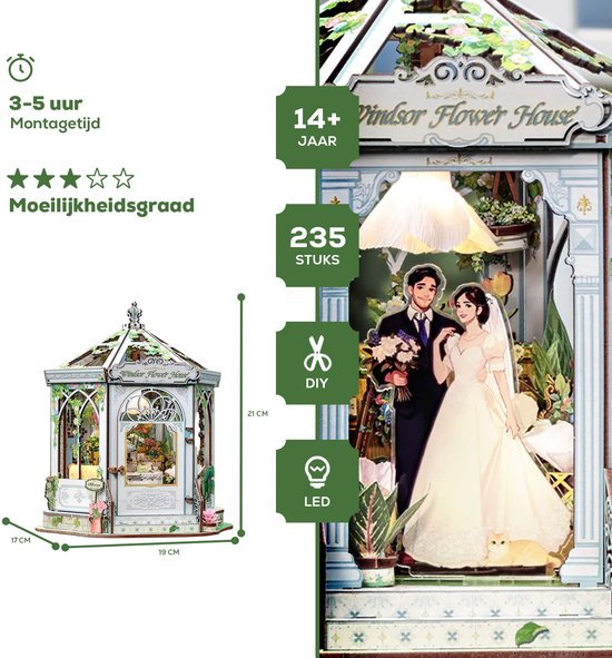 Modelbouwpakket Windsor bloemenhuis met trouwkoppel en afmetingen.