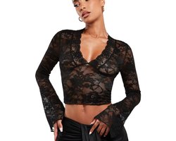 longziming - Dames Kant Mesh Top-Transparante Sexy Top-Lange Mouw Shirt-Elegante Lace Top - zwart kant - Voor Vrouwen