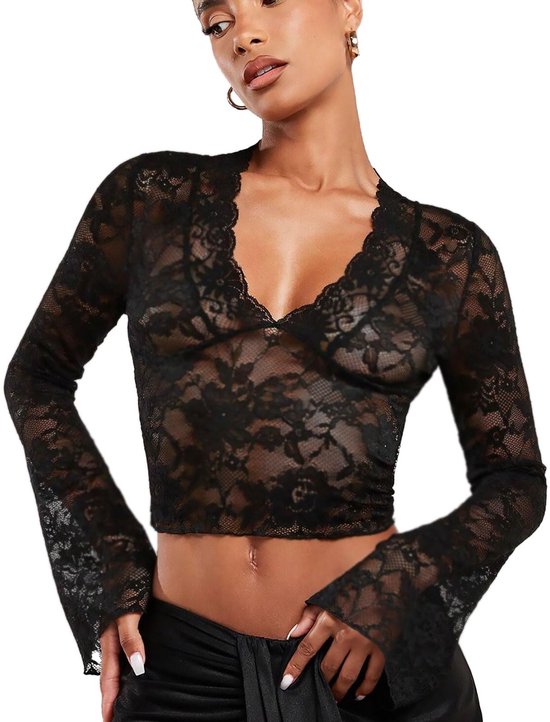 Foto: Longziming dames kant mesh top transparante sexy top lange mouw shirt elegante lace top zwart kant voor vrouwen