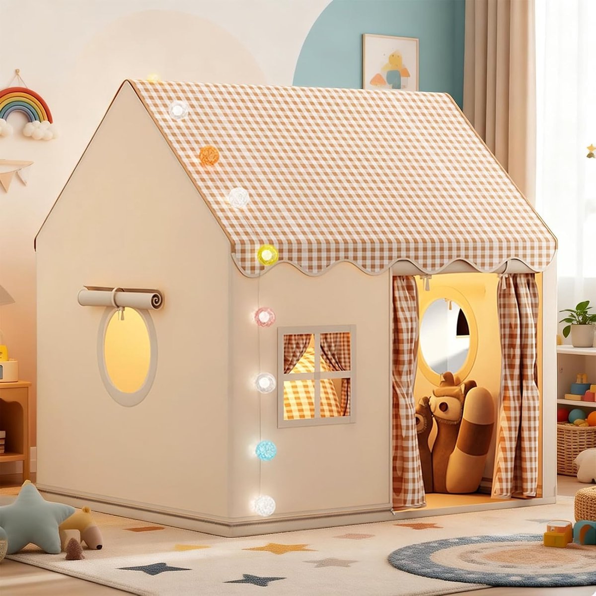 Kinderspeeltent - Kinderhuis voor Binnen en Buiten, Speeltent voor Peuters met Ramen, Grote Prinsessentent als Cadeau voor Jongens en Meisjes - Khaki - 128 * 105 * 120 cm