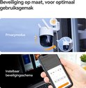 Wit met zwart draaibare camera met twee antennes, met privacy modus en een telefoon die een beveiligingsschema instelt.