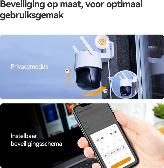 Wit met zwart draaibare camera met twee antennes, met privacy modus en een telefoon die een beveiligingsschema instelt.