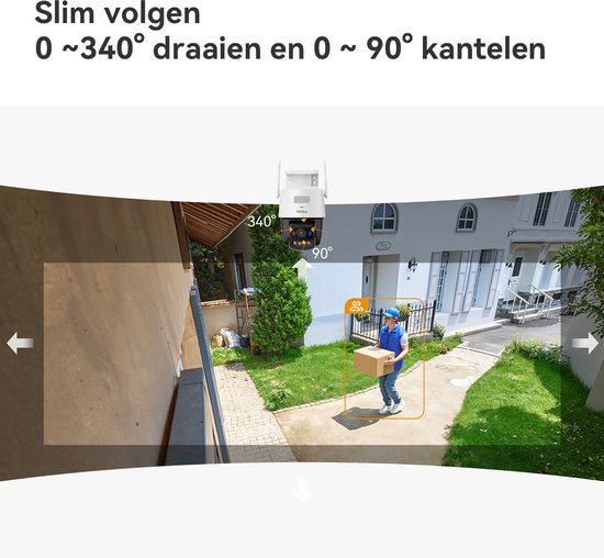 Wit met zwart draaibare camera met 340° rotatie en 90° kanteling, detecteert een bezorger met pakket.