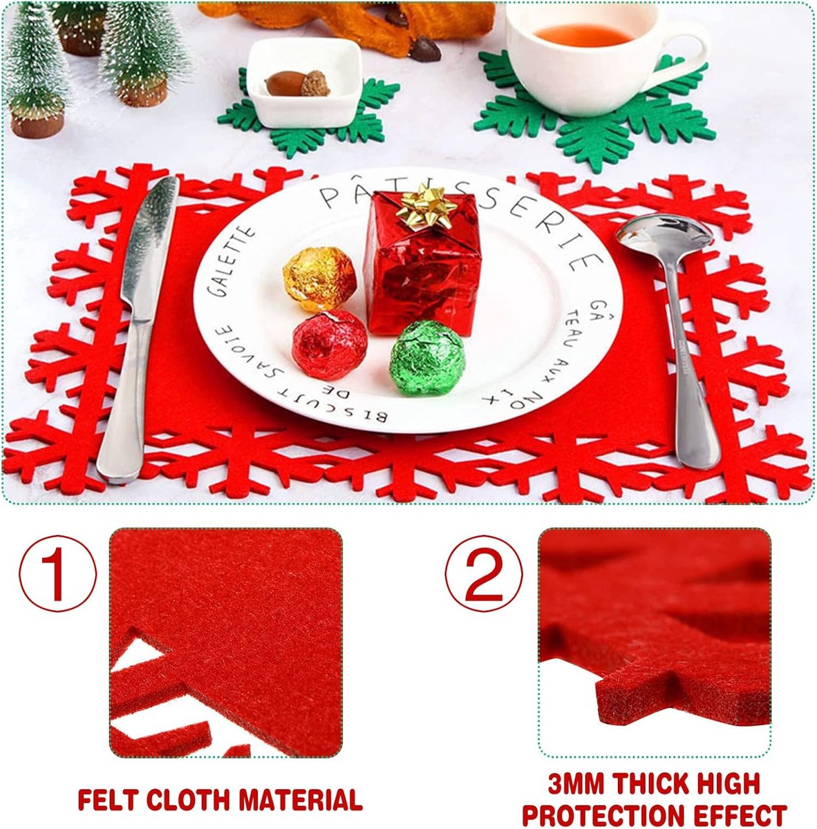 Set van 12 placemats, kerstplacemats en onderzetters, rode placemats, tafelset van vilt, geschikt voor het decoreren van kerstfeestjes, feestdagen, bruiloften en diners. — cadeau in Wonen & Interieur - foto 5