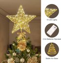 Gouden glitter ster piek met 15 LED lampjes en stabiele ijzeren basis, gevoed door 2 AA batterijen.