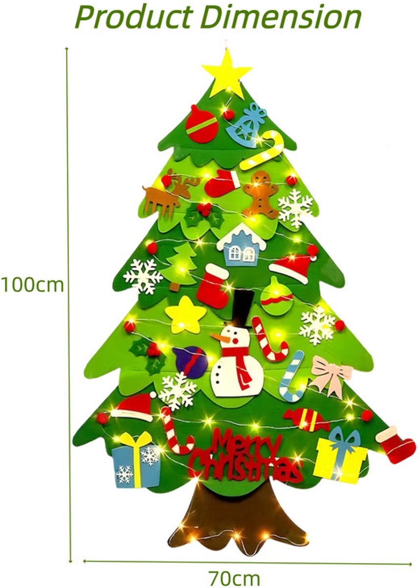 Kinderkerstboom van Vilt - Viltdennenboomversiering DIY - Kerstboom van Vilt - Inclusief 32 ornamenten - Met 5 meter LED-Lichtjes - 70 × 95 cm - Opvouwbaar – foto 4