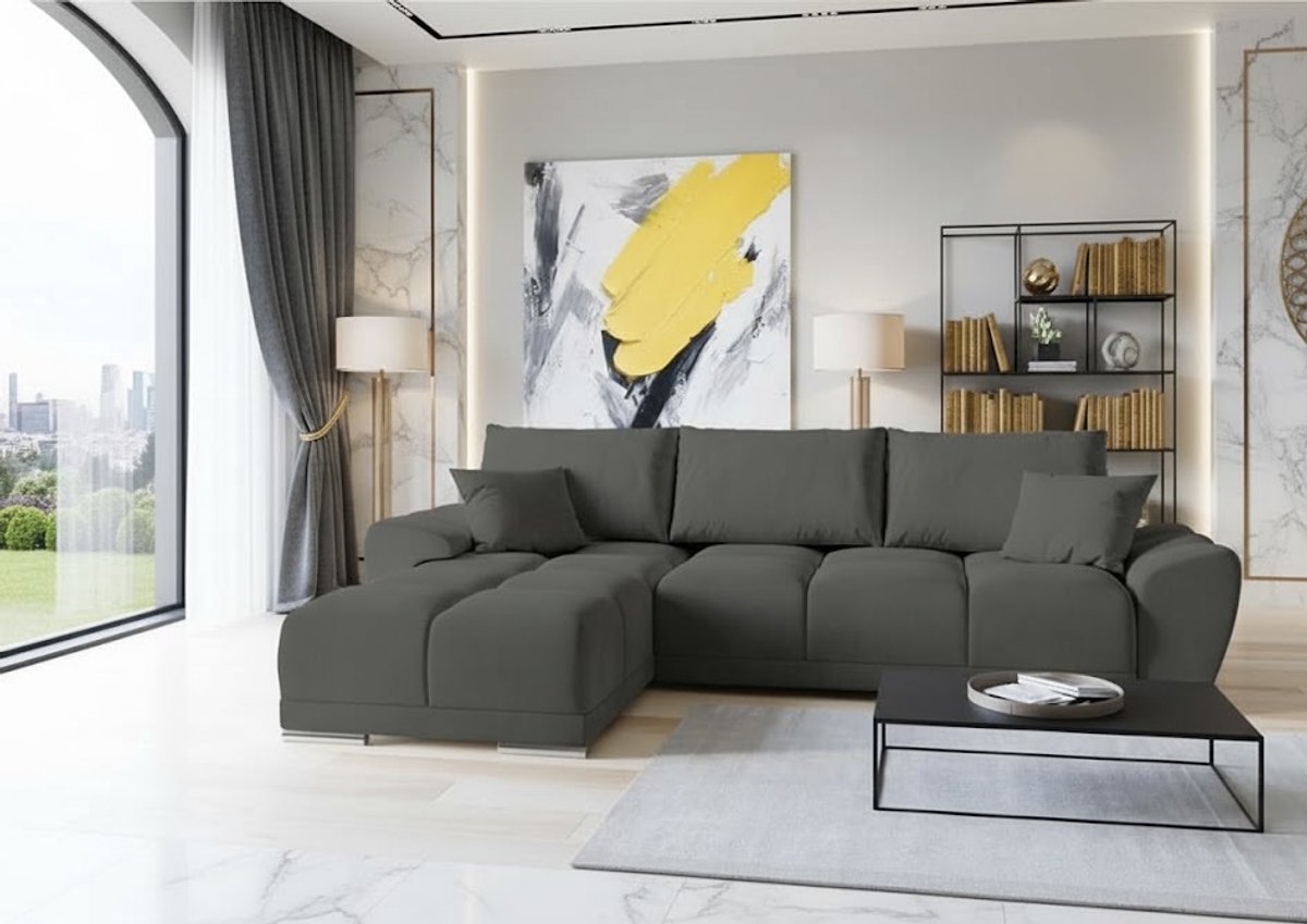 Hoekbank met Slaapfunctie en Opbergruimte - Luxe Fluwelen L-Vorm Slaapbank 289x189 cm - Comfort CollFeel Schuim - Inclusief Kussens - Donkergrijs - Novihome