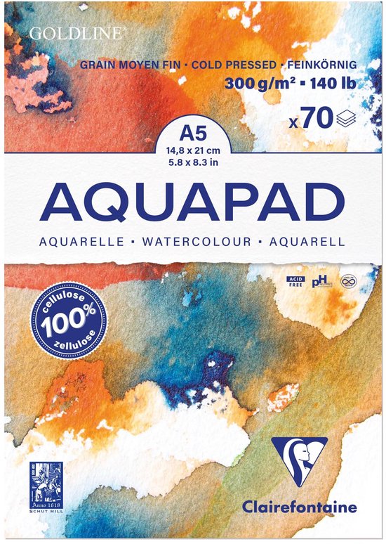 A5 aquapad, 70 vellen, 300 g/m², met een aquarel design.