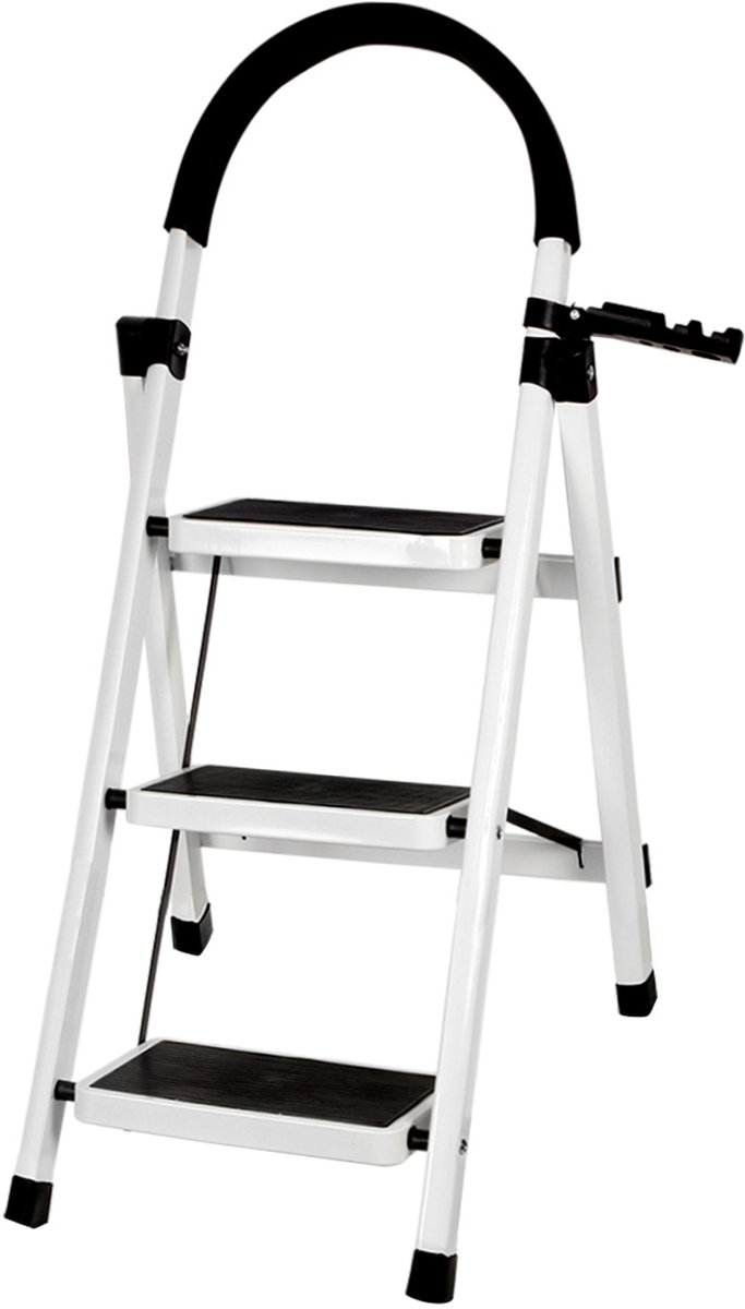 PIPIPOXER-Huishoudtrap Keukentrap - 3 Treden - Metalen Huishoudladder Inklapbaar -Trapladder Opvouwbaar - Anti-Slip - Inklapbaar -wit