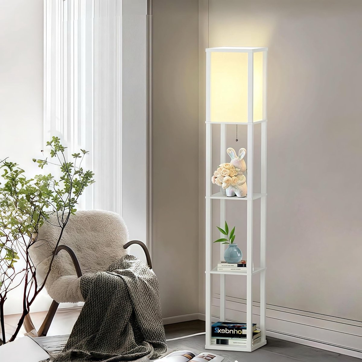 Puluomis - Vloerlamp - Staande lamp - Vloerlampen Woonkamer - Stalamp - Staande lampen woonkamer - Modern - 3-laags opbergrek - 160H x 26L x 26B cm - Wit
