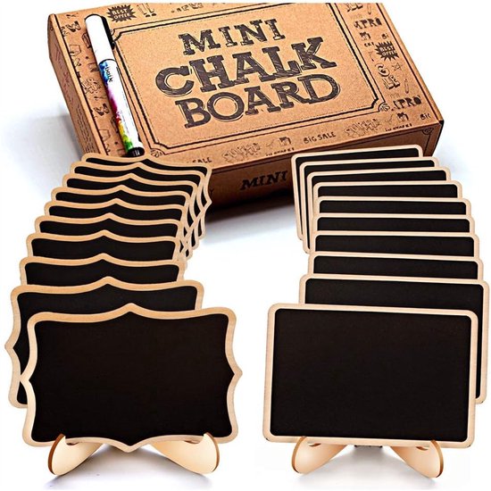 Herbruikbare Mini Krijtbordjes - Houten bord met standaard - Wisbare tafeldecoratie & naamkaartjes - 20 stuks