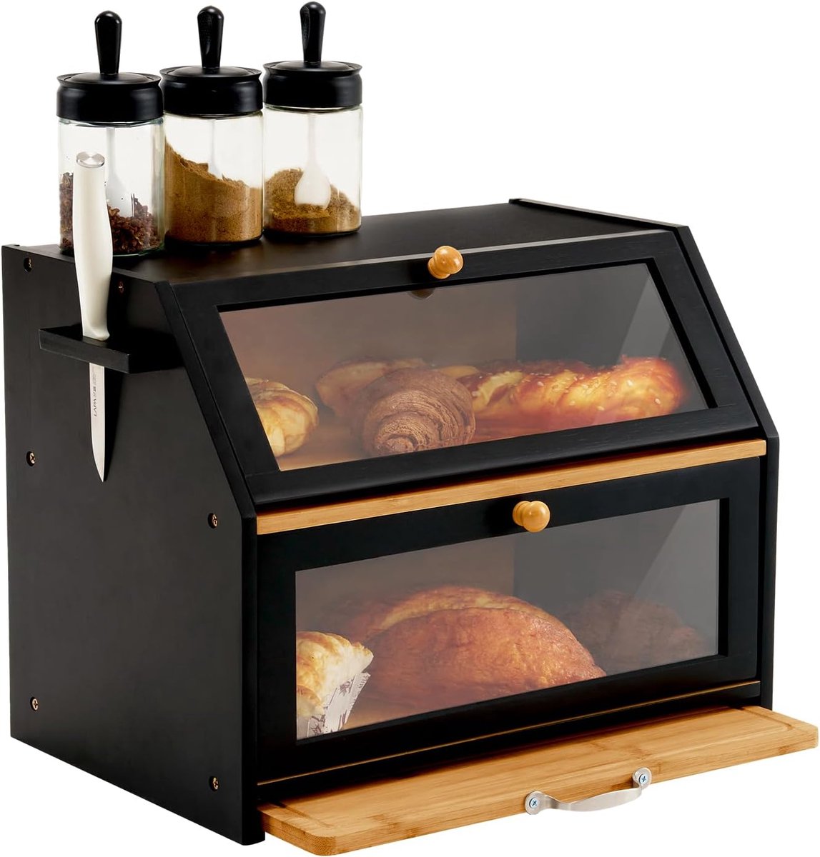 Famanu - Broodtrommel bamboe eco broodmand met snijplank opbergdoos keuken broodopslag roosterbrood 39 x 26 x 32 5 cm (l x b x h) zwart | Luxe opberger, modern design voor keuken en dagelijks gebruik