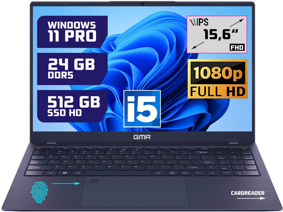 Krachtige 15.6" Full HD Notebook | Snelle Intel Core i5 & 512GB SSD | 24GB DDR5 Geheugen | Windows 11 Pro Editie voor Zakelijk, Thuis en Studie
