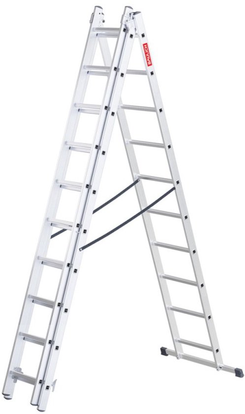 Grote aluminium vouwladder in A-frame opstelling met rode merknaam.