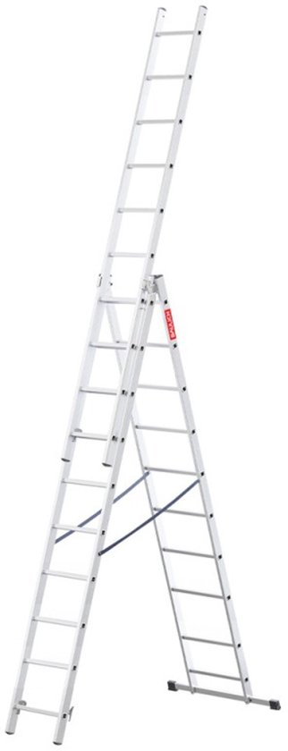 Grote aluminium ladder in A-frame opstelling met blauwe stabilisator.