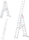 Set van drie aluminium ladders in verschillende opstellingen: A-frame, recht en uitgeschoven.