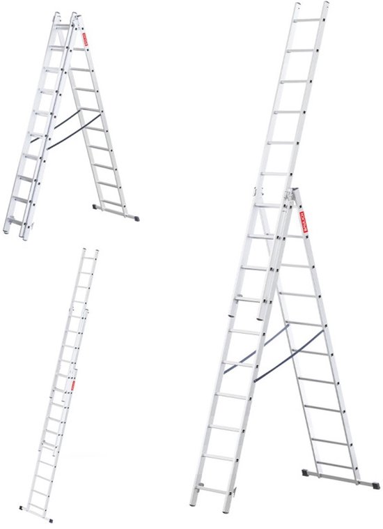 Set van drie aluminium ladders in verschillende opstellingen: A-frame, recht en uitgeschoven.