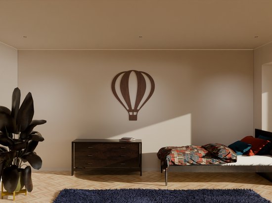 HOUTEN WANDDECORATIE / WOODEN WALL DECORATION - MUURDECORATIE / WALL ART - LUCHTBALLON / HOT AIR BALLOON - 36 x 42cm - DONKER HOUT / DARK WOOD - ECHT HOUT - REAL WOOD