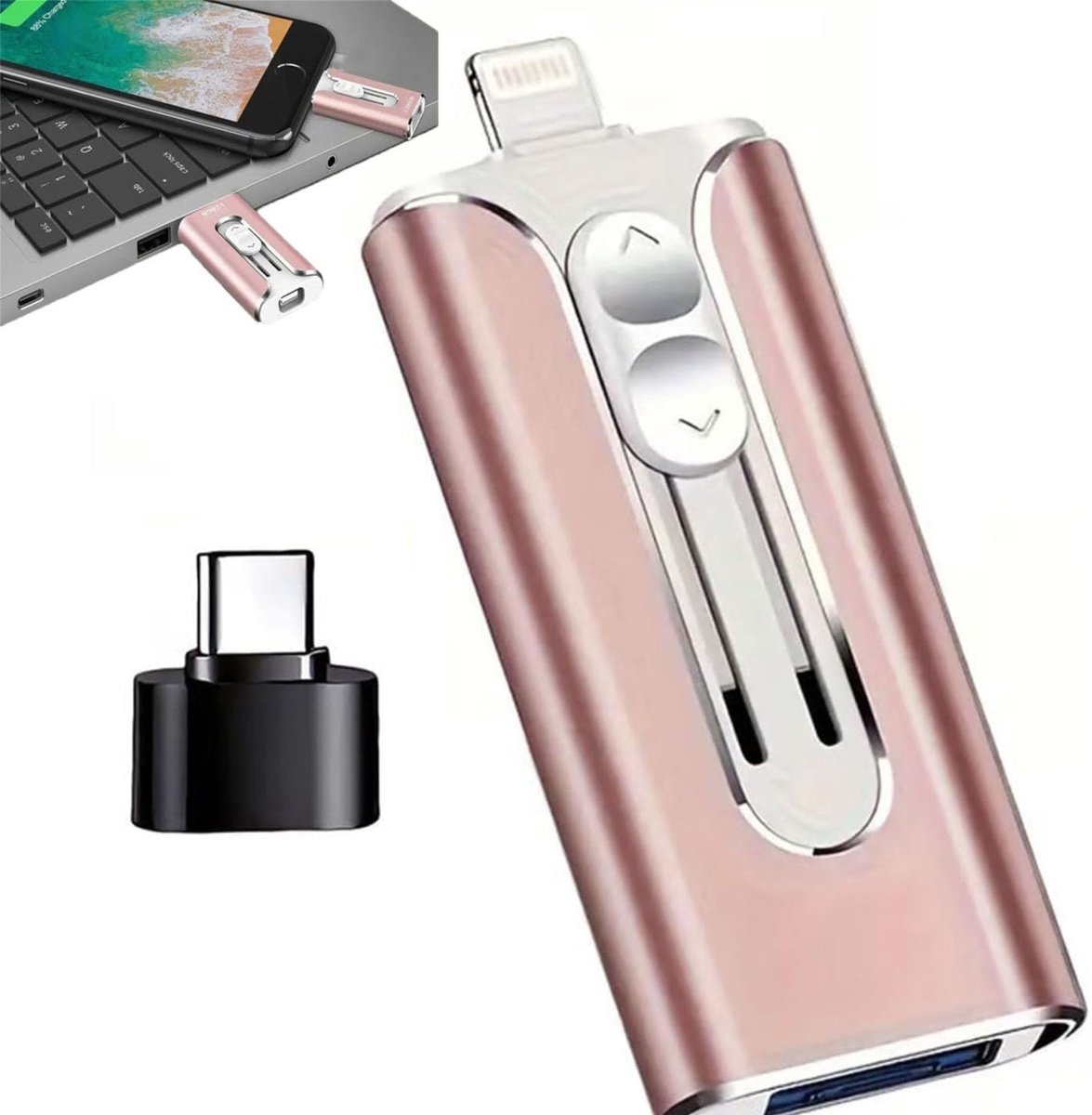 Vyzio - 3-in-1 USB Stick - 128GB - Lightning + Micro USB + USB-C - Voor iPhone & Android - Roze - DATAFLEX