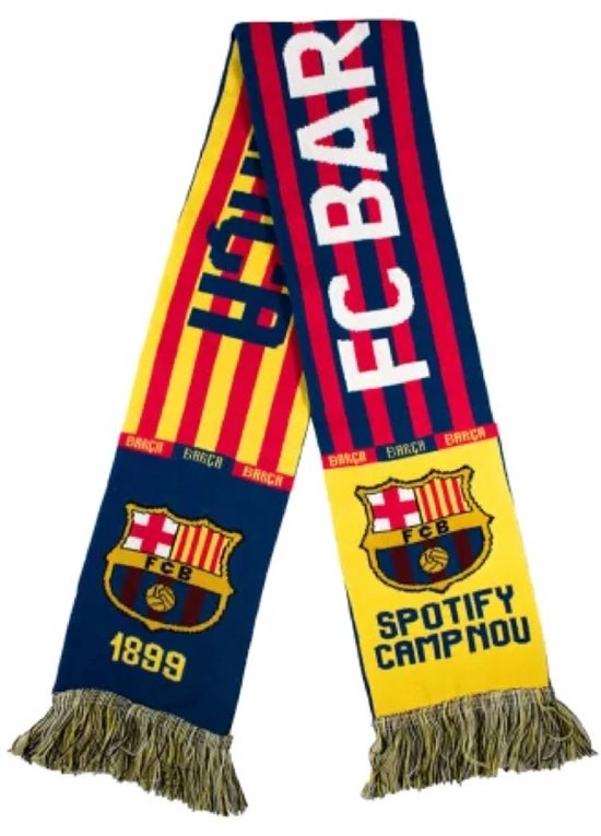 FC Barcelona sjaal met 'FCBAR' en '1899' op de uiteinden. Geel, rood en blauw gestreept met het clublogo.
