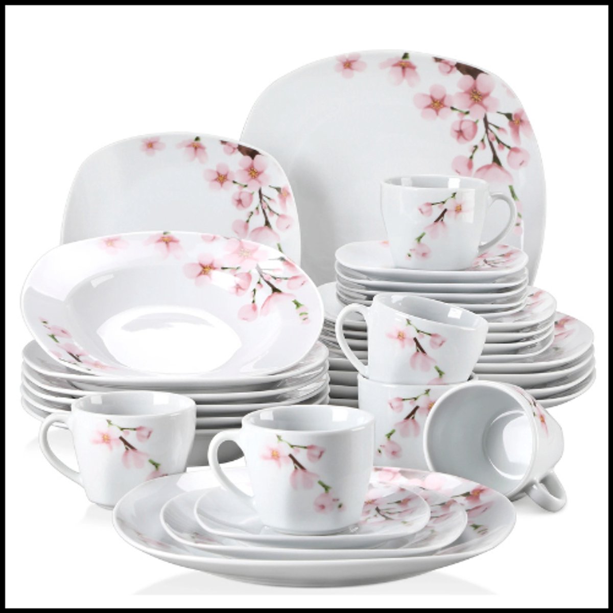 Porselein Serviesset 30-delig – Roze Bloemen Patroon – Dinerborden – Soepborden – Dessertborden – Koffiekopjes – Schotels – Luxe Eenvoudig Onderhoud – Oven-, Vaatwasser- & Magnetronbestendig – Gezond & Duurzaam