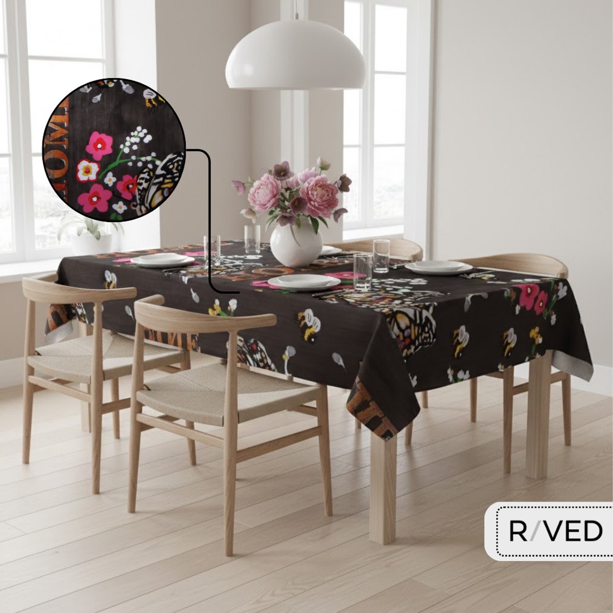 Raved Tafelzeil – 140 cm x 290 cm – Bloemen Zwart – PVC – Afwasbaar