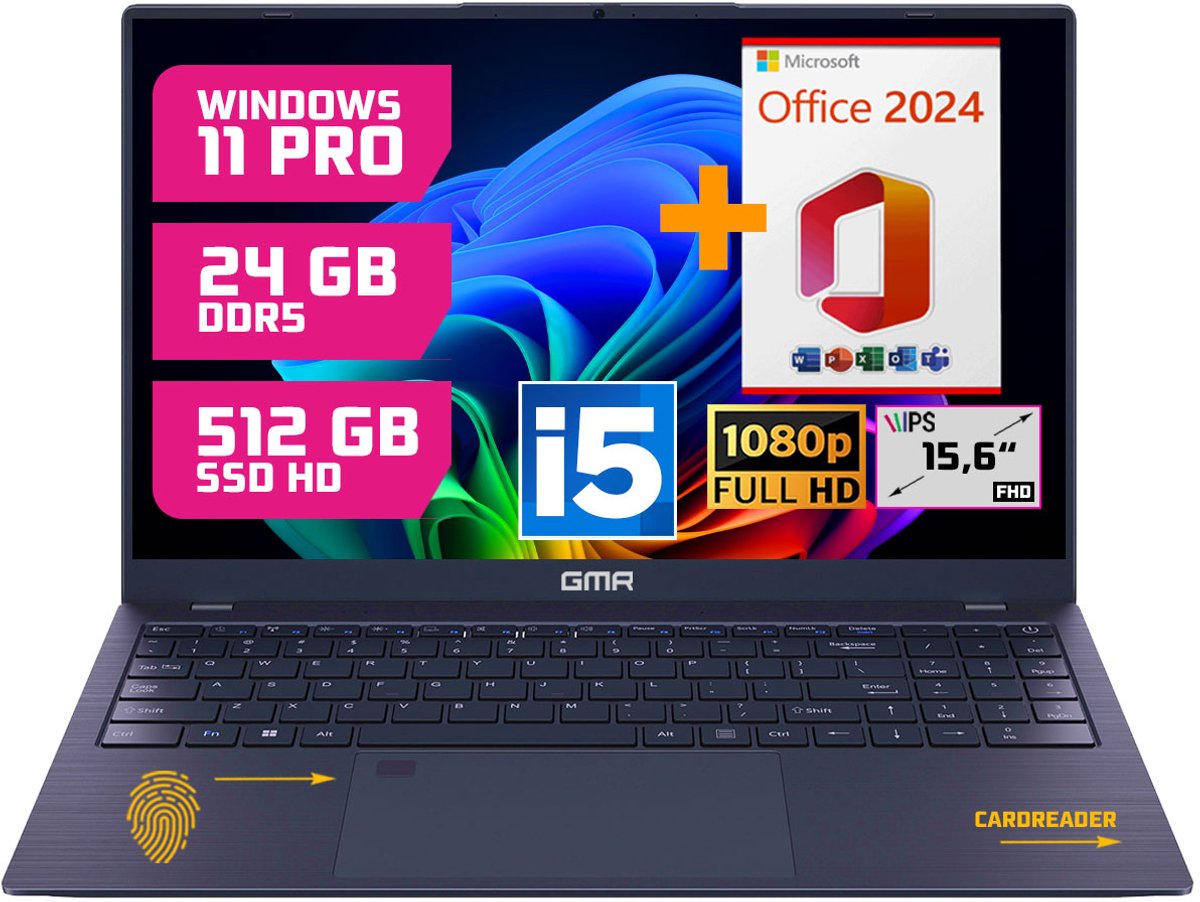 GMR Professional Laptop / 15.6 Inch Full HD Display / Intel Core i5 / 24GB DDR5 RAM / 512GB SSD / Windows 11 Pro & Office 2024 / Perfect voor Zakelijk en Studiegebruik