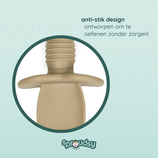 Beige kinderbestek met dikke, anti-aanbak handgreep.