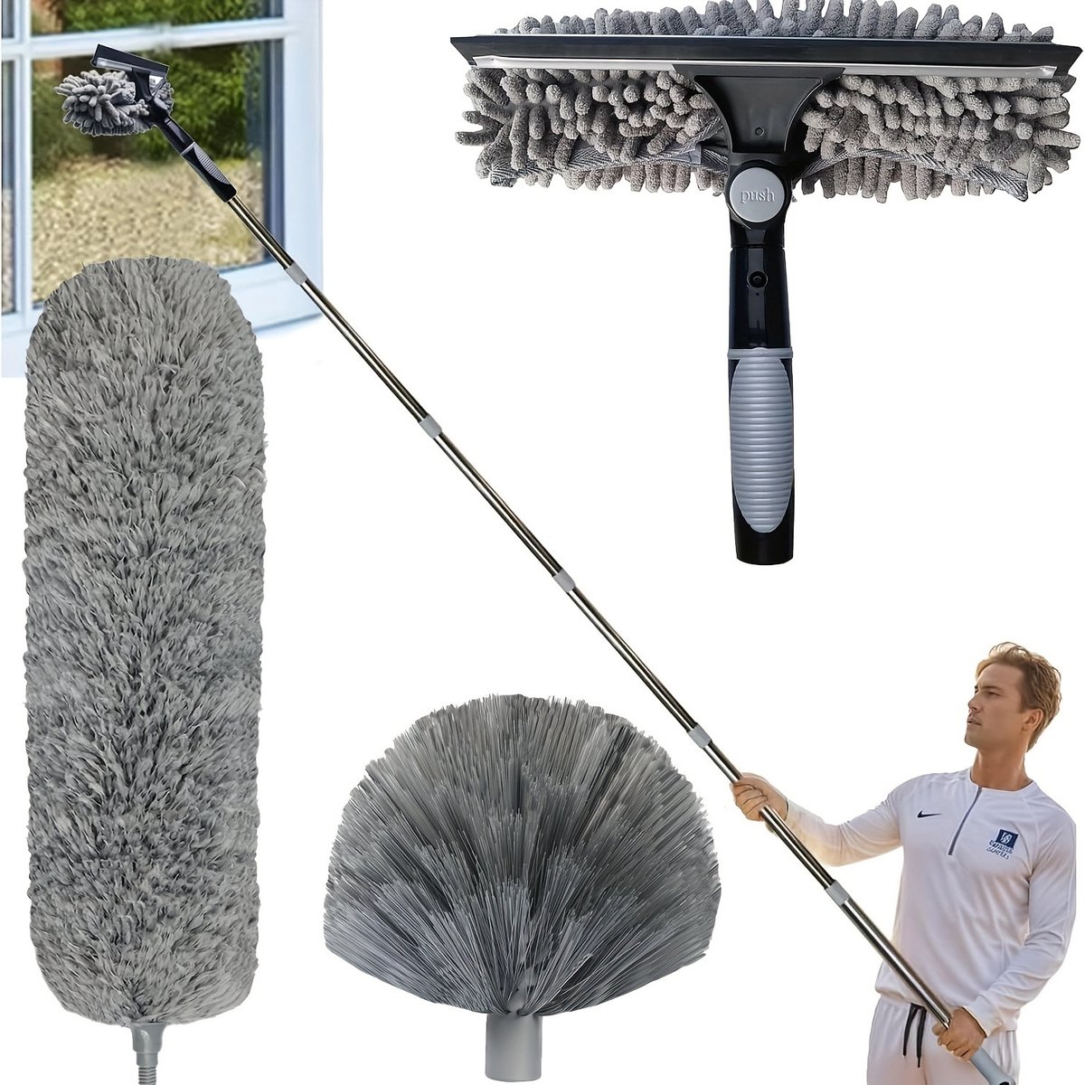 4-Delige Telescopische raamreiniger - Stofzuiger - Plumeau - Plafondstofzuiger - Raamreiniger - Vezelkop - Spinnenwebborstel - Telescopische steel met 10 secties - Geschikt voor het reinigen van ramen binnen en buiten - Grijs