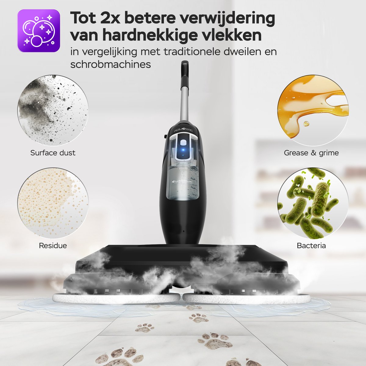 TurboTronic AquaVac AQV700 Stoomreiniger Vloer – Elektrische - Dweil - Stoomdweil met Dubbele Pads – Krachtige 1200W Stoomreiniger voor Alle Harde Vloeren thumbnail 2