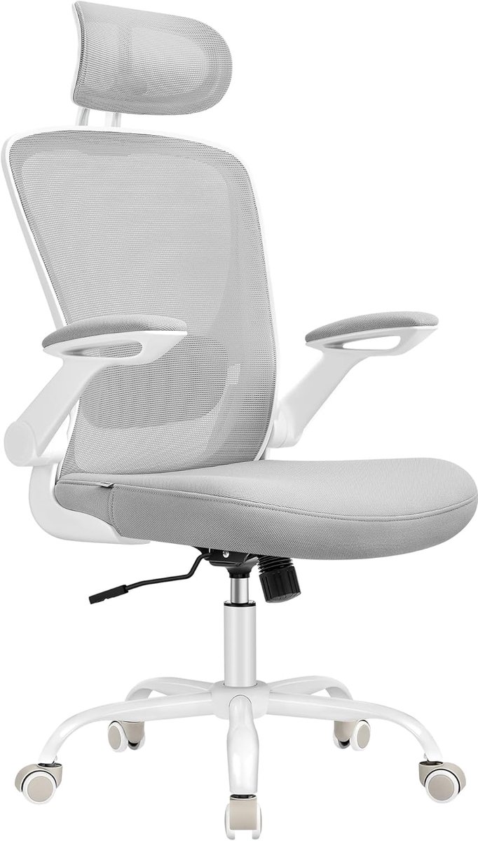 Songmics Ergonomische bureaustoel, draaistoel met mesh, lendensteun en hoofdsteun, schommelfunctie, 53 cm zitting, opvouwbare armleuningen, werk- en slaapkamer, duifgrijs OBN047G01