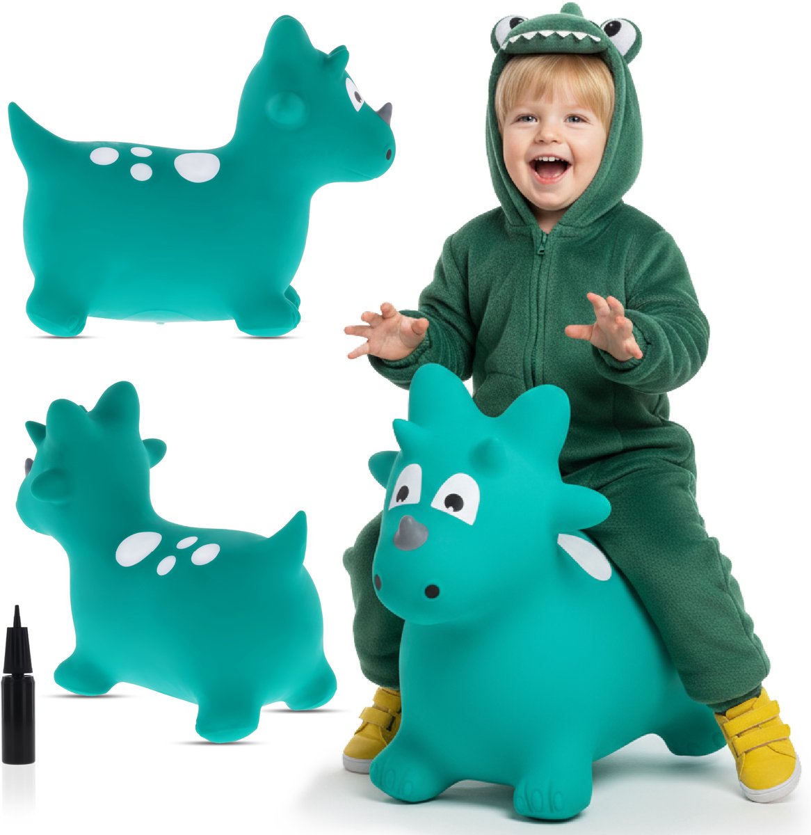 sun baby - Springdier met pomp vanaaf 1 jaar - Dinosaurus - groen - max 50kg, duurzaam rubber, gecertificeerd, bpa-vrij, springpaard, springhond