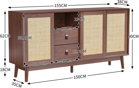 Soweiz Dressoir met 3 laden en 3 schuifdeuren, rotan Soweiz Dressoir met 3 laden en 3 schuifdeuren, rotan