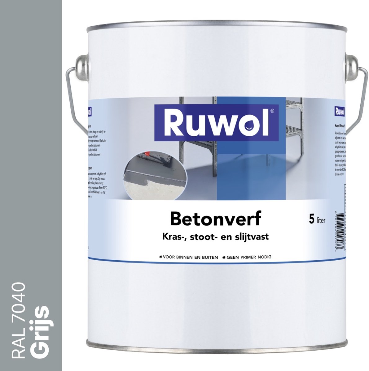 Ruwol Betonverf Grijs (RAL 7040) 5 liter - Voor binnen en buiten - Alle kleuren - Kras-, stoot- en slijtvaste verf voor beton en steen - Betonverf voor buiten