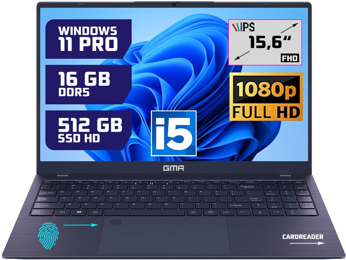 Krachtige 15.6" Full HD Notebook | Snelle Intel Core i5 & 512GB SSD | 16GB DDR5 Geheugen | Windows 11 Pro Editie voor Zakelijk, Thuis en Studie