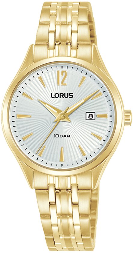 Gouden Lorus dameshorloge met witte wijzerplaat en datumvenster.