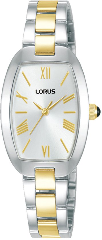 Gouden en zilverkleurig horloge met ovale witte wijzerplaat, Romeinse cijfers en gouden kroon met zwarte steen.